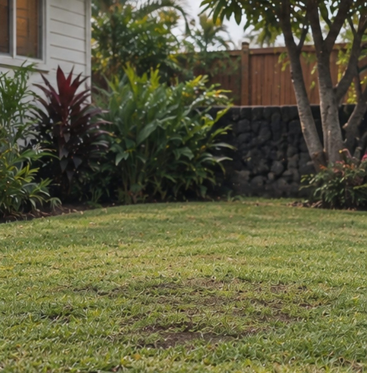 A level lawn beside a lava-rock wall where a stump was removed